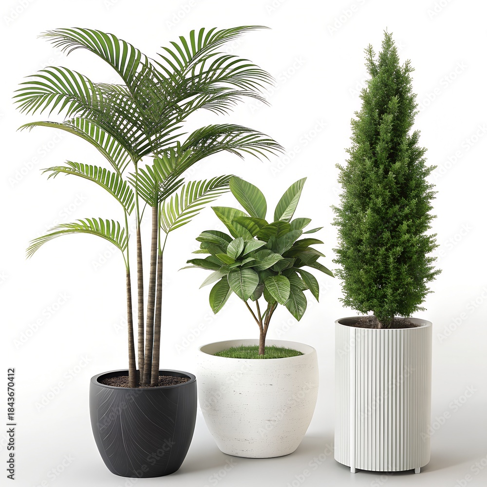 Obraz premium Three distinct potted indoor tropical and evergreen plants arranged for modern interior design visualization