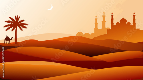 Camels silhouetted against a desert sunset reflection Two camels by a desert oasis at sunset 