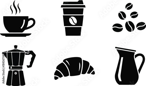 Black silhouette icons for coffee and breakfast. Hot cup, take-away mug, roasted beans, moka pot, croissant, milk jug. Ideal for cafe menus, branding, and graphic design projects