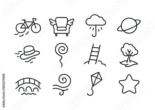 Whimsical Icon Set. Whimsical imagination. Line icon set of whim