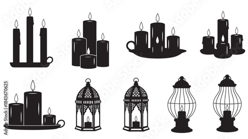 Black Candles and Lanterns on White Background