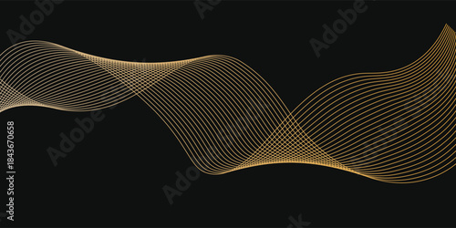 Abstract luxury with shining gold lines waves on black background. Futuristic background of flowing gold lines for banner, poster, cover, brochure, flyer, website
