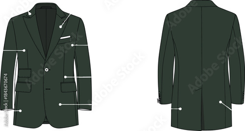 Men's Classic Dark Green Overcoat Technical Cad Drawing Flat Vector Illustration Template for Fashion Design and Garment Production, Front and Back View