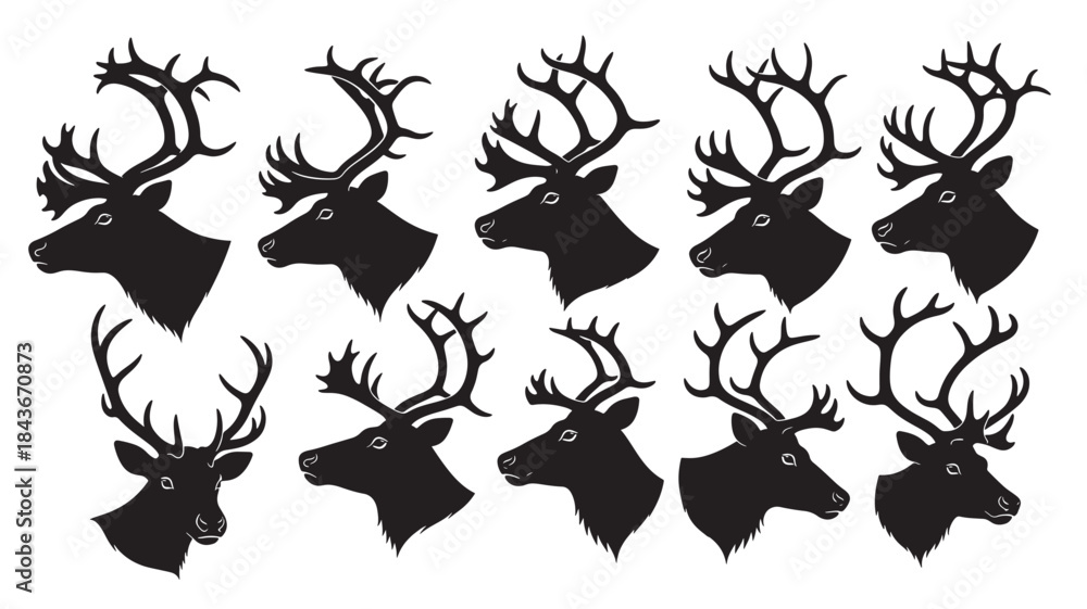 Fototapeta premium Black Reindeer Silhouettes on White Background