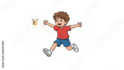 ​Joyful Boy Chasing Glowing Firefly at Sunset