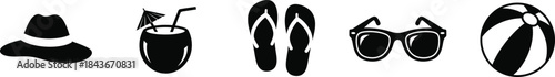 Set of summer vacation icons including a hat, cocktail, flip-flops, sunglasses, and beach ball on a white background
