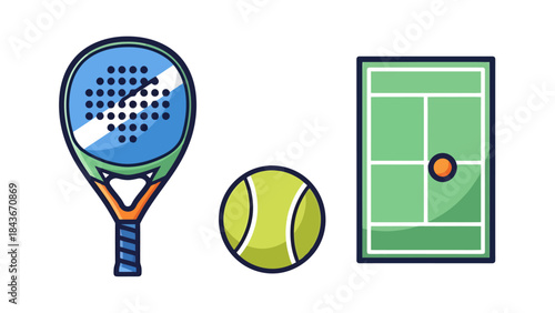 Collection of Sports Equipment Featuring Tennis Racket Tennis Ball and Sports Court