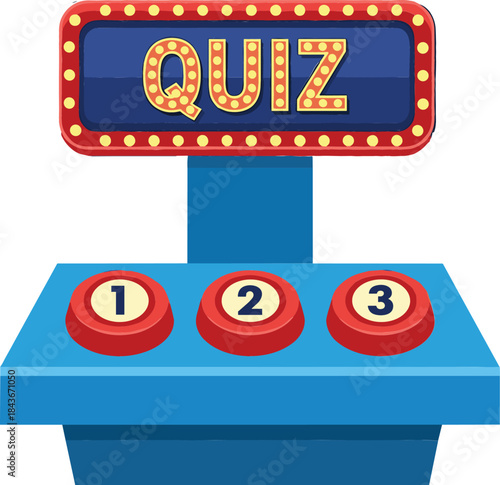 Retro-style game show stand with a lighted "QUIZ" sign and three numbered selection buttons, symbolizing trivia competition, entertainment, testing, and making a choice.