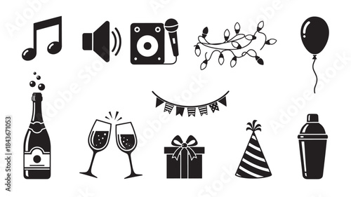 Party Icons Set with Music, Champagne, and Gifts