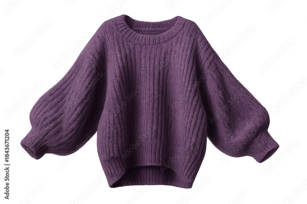 Obraz premium Purple knitwear pullover with long puffed sleeves, ribbed cuffs and hem, displaying soft wool texture for casual wear