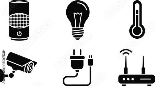 Smart home technology icons featuring security camera, light bulb, thermometer, speaker, plug, and router