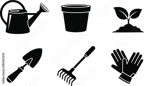 Essential gardening tools and supplies set, featuring a watering can, pot, sprout, trowel, rake, and gloves for home garden projects and plant cultivation