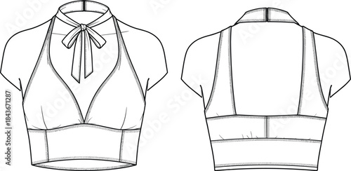 Women's Deep V-Neck Camisole Top Technical Cad Drawing Flat Vector Illustration Template with Shirring and Crisscross Back Straps, Front and Back