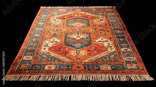 Full-view of a vibrant oriental rug and carpet with rich patterns and intricate design. AI-generated image