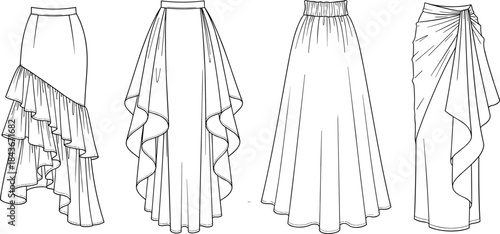 Women's Fashion Skirts Technical Cad Drawing Flat Vector Illustration Template Collection Featuring Ruffles, High-Low Hems, and Draping Styles