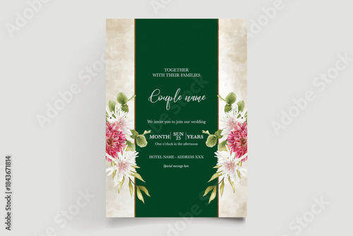 WEDDING INVITATION FRAME WITH FLOWER DECORATIONS AND FRESH LEAVES
