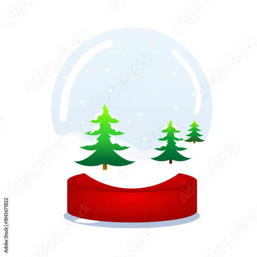 Glass snow globe with three snow-dusted pine trees and falling snow on a vibrant red base.
