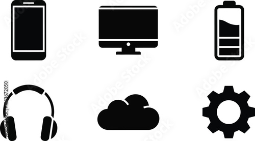 Vector icon set of essential digital technology and communication symbols smartphone, monitor, battery, cloud, headphones, and settings. Perfect for modern UI/UX projects