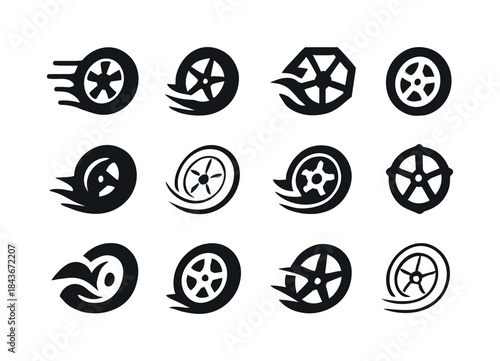 Dynamic Wheel Logos. Spinning wheels out of control. Icon set. S