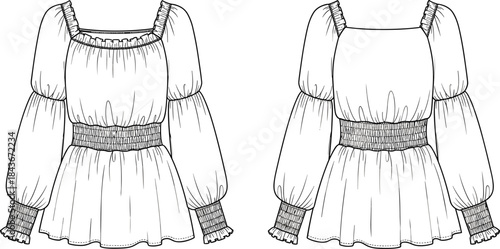 Women's Romantic Shirred Peasant Blouse Technical Cad Drawing Flat Vector Illustration Template with Puffed Sleeves and Elastic Waist, Front and Back View