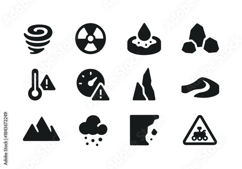 Martian Hazards Icons. Martian environmental hazards. Solid icon