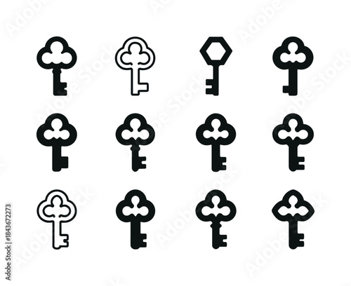 Antique Key Logo Variations. Flea market finds. Icon set. Set Lo