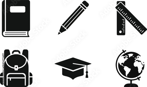 Modern black and white vector icons for school and education. Essential learning tools and academic symbols for study themes and educational designs