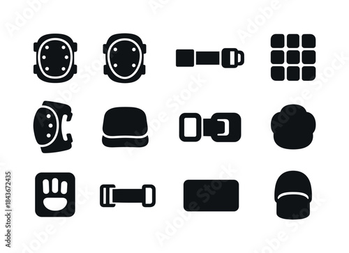Protective Gear Icons. Knee and elbow protection. Solid icon set
