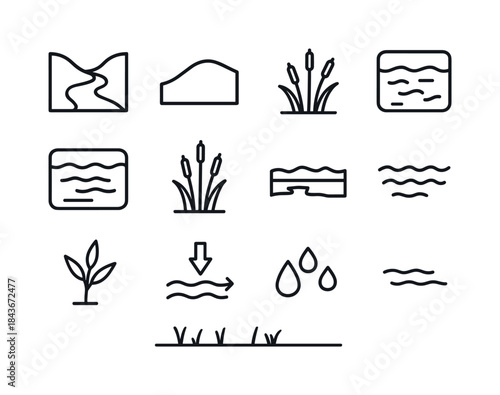 Valley Floodplain Icons. Valley Floodplain. Line icon set of Val
