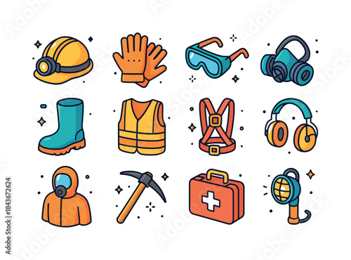 Mining PPE Icons. Mining PPE. Colorful isometric vector icons se