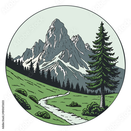 A majestic snow capped mountain peak looms behind a winding stream and lush green meadow dotted with evergreen trees and bushes in a circular emblem design