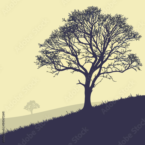 A solitary bare tree silhouette stands tall on a grassy hill under a soft yellow sky with a distant misty tree creating a serene and peaceful landscape