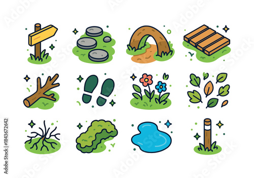 Colorful Forest Path Icons. forest path. Colorful isometric vect