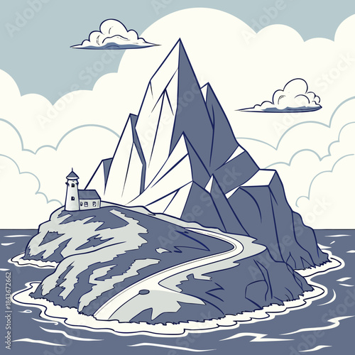 A solitary lighthouse stands on a rocky island with a winding road leading to a majestic jagged mountain peak under a cloudy sky