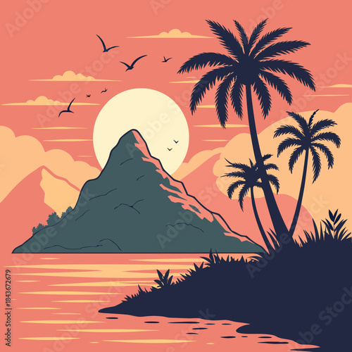 Serene tropical island silhouette with lush palm trees and a majestic mountain peak against a vibrant sunset sky with flying birds and calm ocean waters