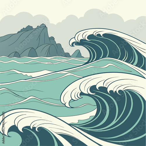 Stylized illustration of powerful teal and white ocean waves crashing near a rocky coastline under a cloudy sky