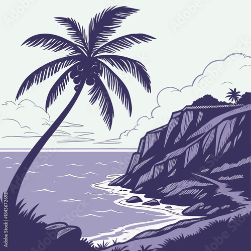 A serene coastal landscape illustration featuring a leaning palm tree with coconuts overlooking a gentle ocean with a winding path along a dramatic cliffside under a cloudy sky