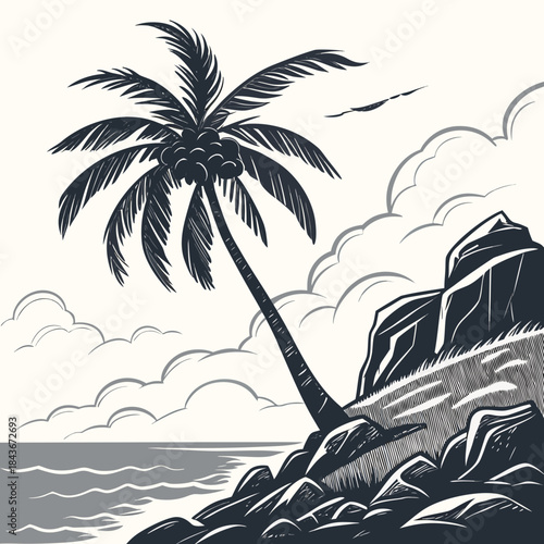 A dramatic monochrome illustration of a leaning palm tree with coconuts on a rocky tropical coastline with gentle waves and a bird flying in the cloudy sky