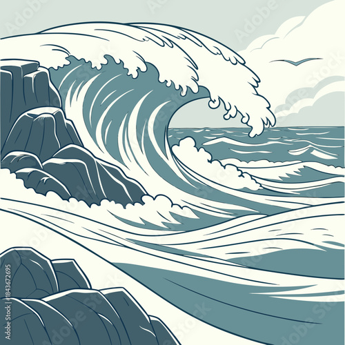 A colossal ocean wave crashes against rugged coastal rocks under a cloudy sky with a distant seagull soaring gracefully overhead