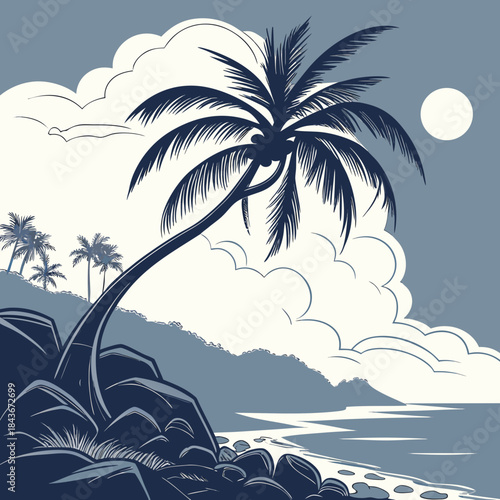 A serene tropical beach scene unfolds with a dramatic leaning palm tree silhouetted against a vast sky filled with fluffy clouds and a bright sun