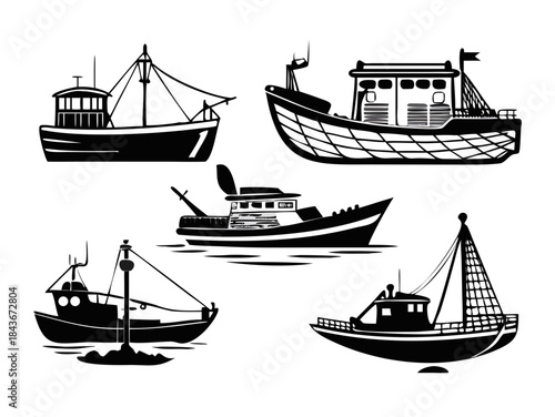 Collection of stylized fishing boat silhouettes on a dark background