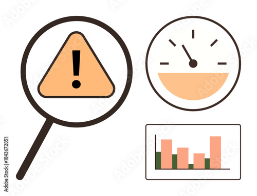 Magnifying glass over warning triangle, speedometer, and bar graph representing analysis, risk evaluation, performance, and decision-making. Ideal for business, safety, analytics assessment