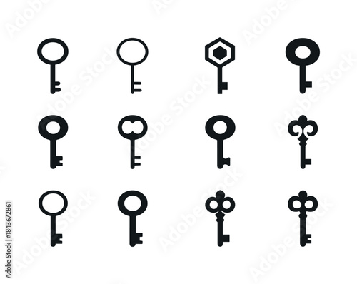 Antique Key Logo Variations. Flea market finds. Icon set. Set Lo
