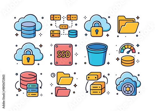 Colorful Data Icons. Data storage. Colorful isometric vector ico