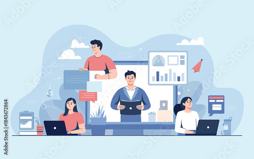 Team collaboration in office with cloud technology