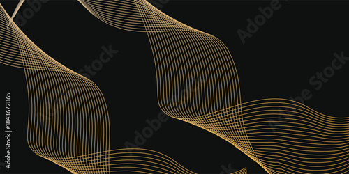 Abstract luxury with shining gold lines waves on black background. Futuristic background of flowing gold lines for banner, poster, cover, brochure, flyer, website