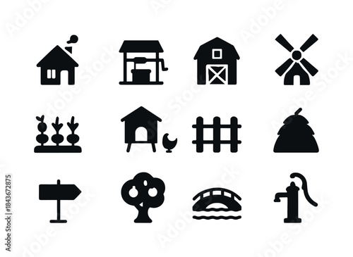 Village Icon Set. Village. Solid icon set of Village: cottage, w