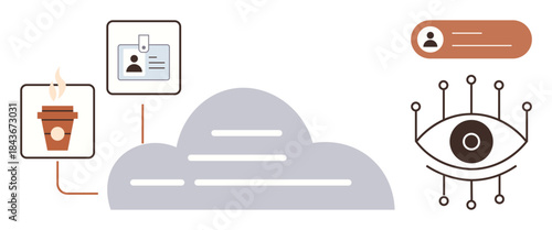Coffee cup, ID badge, cloud, eye with network nodes, and user profile outline. Ideal for technology, security, identity cloud computing data visualization privacy AI. Simple flat metaphor