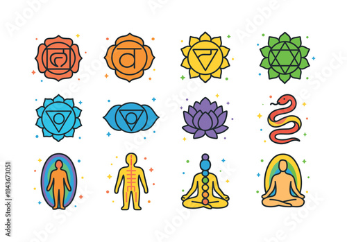 Chakra Energy Icons. energy flow in human body (chakra represent