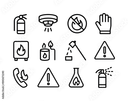 Fire Safety Icons. Safety with Fire. Line icon set of Safety wit